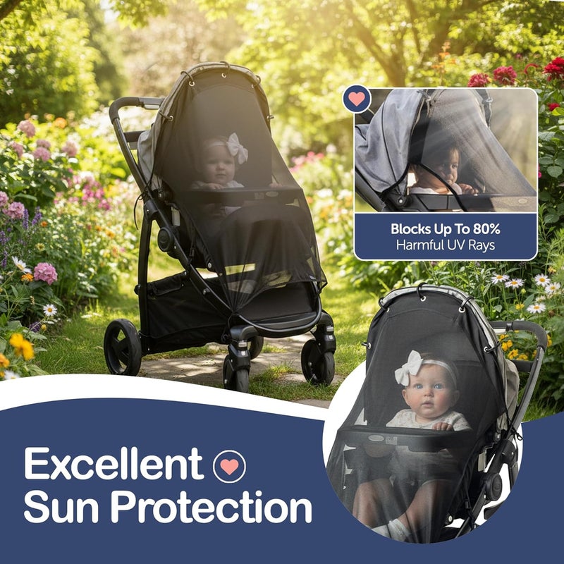 IntiMom Stroller Sun Shade - Universal UV Protection Cover for Strollers Sunshade with See Through, Clip-On Sun Blocker, Sun Shield for Baby, Breathable Adjustable Fit, Full Coverage, XL Black - Image 2